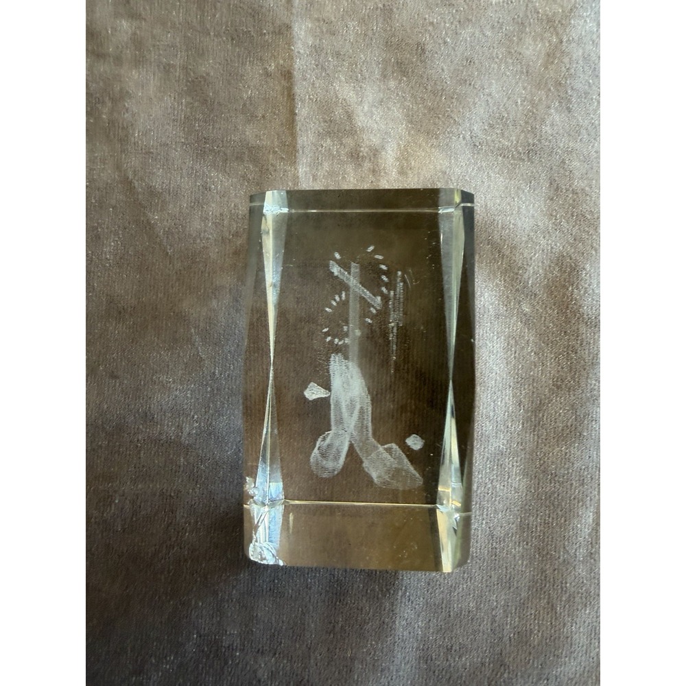 3D Laser Etched Cross & Praying Hands Crystal Glass Paperweight Home Or Office